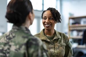 AI Generated Cheerful female soldier returned home photo