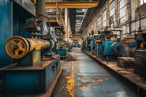 AI generated Rusty and weathered industrial machinery lines the dilapidated interior of an abandoned factory hall, a relic of past manufacturing glory. photo