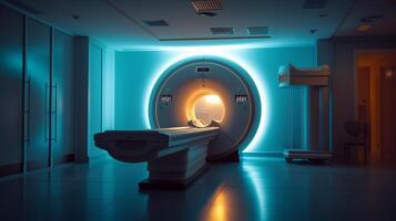 AI generated A state-of-the-art MRI scanner in a hospital room enhanced with soothing ambient lighting for a comfortable patient experience. photo