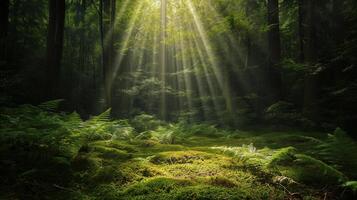 AI generated Majestic sunbeams filter through the tall trees of a misty, green forest, highlighting the lush ferns and mossy ground. photo