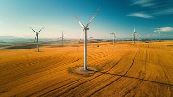 ai generado viento turbinas en pie alto en un dorado trigo campo con el temprano Mañana Dom fundición largo oscuridad, simbolizando renovable energía. foto