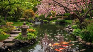 ai generado un sereno japonés jardín presentando un koi estanque, Roca linternas, y Cereza flores en lleno floración, atractivo pacífico contemplación. foto