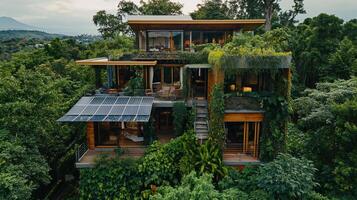 AI generated An eco-friendly modern home at dusk, featuring a lush garden and an array of solar panels on the roof, symbolizing sustainable living. photo