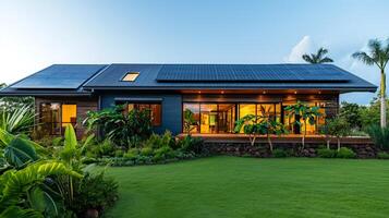 AI generated An eco-friendly modern home at dusk, featuring a lush garden and an array of solar panels on the roof, symbolizing sustainable living. photo