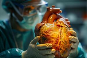 ai generado un cirujano en matorrales inspecciona un muy detallado anatómico modelo de el humano corazón en un clínico ajuste. foto