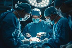 AI generated A focused surgical team works together during a surgery in the well-lit operating room, showcasing teamwork and precision. photo