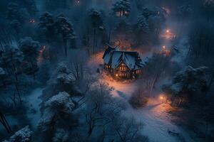 AI generated Cozy, warmly lit cabin nestled in a snow-covered forest, with gentle lights piercing the twilight ambiance. photo