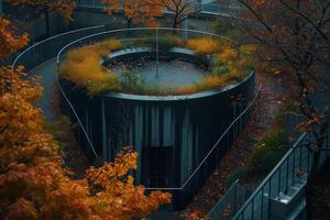 AI generated A water treatment facility on a foggy autumn morning, with orange foliage and city lights in the background. photo