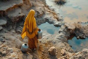 AI generated A woman in traditional clothing carries yellow water containers in a dry, arid landscape at sunset. photo