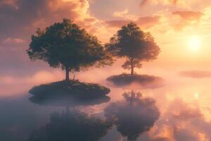 AI generated A tranquil sunrise over a misty lake with small, grassy islands and a lone tree reflecting on the water's surface. photo