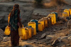 AI generated A woman in traditional clothing carries yellow water containers in a dry, arid landscape at sunset. photo