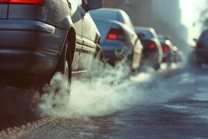 AI generated A queue of vehicles releasing exhaust fumes into the air, highlighting issues of air pollution and environmental concerns in urban settings. photo