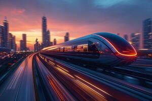 ai generado transporte concepto, un pulcro futurista tren velocidades a lo largo sus pista, corte mediante un paisaje urbano en contra el fondo de un vibrante puesta de sol cielo. foto