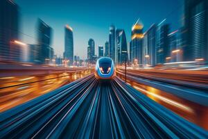 AI generated Transportation concept, A sleek futuristic train speeds along its track, cutting through a cityscape against the backdrop of a vibrant sunset sky. photo