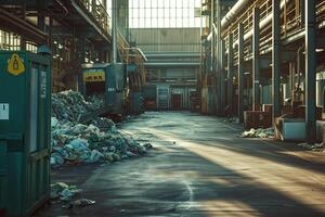 AI generated An industrial waste management facility with scattered refuse, emphasizing the scale and challenges of modern waste processing. photo