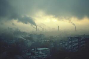 ai generado un paisaje urbano envuelto en niebla y industrial fumar, con fábrica chimeneas liberando emisiones dentro el temprano Mañana cielo. foto
