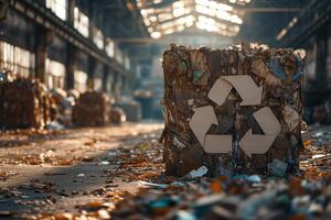 AI generated A compressed cube of waste material prominently displays the recycling symbol, set in an industrial recycling facility, signifying the importance of waste segregation and recycling. photo