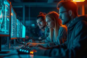 AI generated Focused team of programmers collaboratively working on software development in a dark, neon-lit room filled with computer monitors. photo