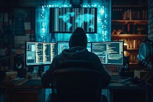 AI generated Cyber security concept, A hacker clad in a hoodie is immersed in work, with multiple computer screens displaying lines of code, in a dimly lit room that suggests cyber secrecy. photo