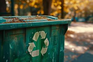 AI generated A green recycling bin bearing the universal recycling symbol, surrounded by fallen autumn leaves, highlights the importance of environmental responsibility. photo