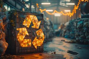 AI generated A compressed cube of waste material prominently displays the recycling symbol, set in an industrial recycling facility, signifying the importance of waste segregation and recycling. photo