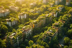 AI generated Aerial view of modern apartment buildings with green rooftop gardens bathed in the warm glow of the sunlight, nestled in a lush urban forest. photo