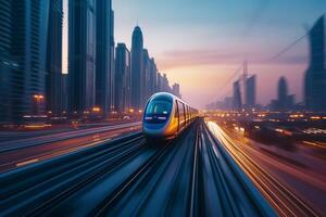 ai generado transporte concepto, un pulcro futurista tren velocidades a lo largo sus pista, corte mediante un paisaje urbano en contra el fondo de un vibrante puesta de sol cielo. foto