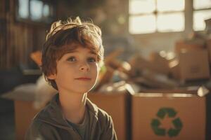 AI generated A thoughtful young boy is captured in a warm, sunlit room, with cardboard boxes and the recycling symbol in the background, symbolizing early education in sustainability. photo