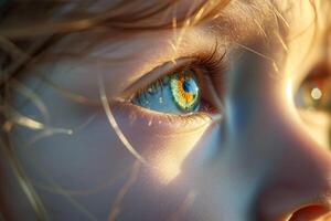 AI generated Close-up of a young child's eye, reflecting the golden hour sunlight, with intricate details visible in the iris. photo