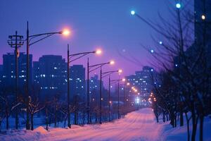 AI generated A serene snowy street bathed in the twilight glow with warm street lights leading towards a distant urban skyline. photo