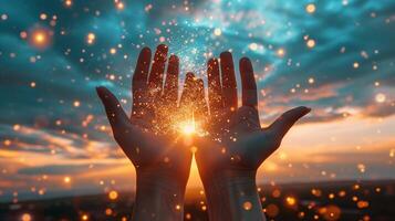 AI generated Open hands reaching towards a mesmerizing sunset, with particles of light floating around, creating a sense of magic and wonder. photo