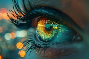 AI generated An extreme close-up of a human eye, capturing the detailed reflection of vibrant city lights within the iris. photo