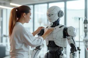 AI generated A female engineer fine-tunes the mechanics of an advanced humanoid robot in a high-tech laboratory setting. photo