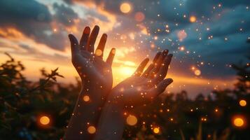 AI generated Open hands reaching towards a mesmerizing sunset, with particles of light floating around, creating a sense of magic and wonder. photo