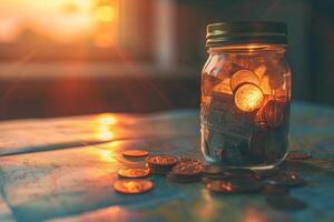 AI generated Saving money concept, A glass jar filled with coins and banknotes for travel savings sits atop a world map, bathed in the golden light of a setting sun. photo