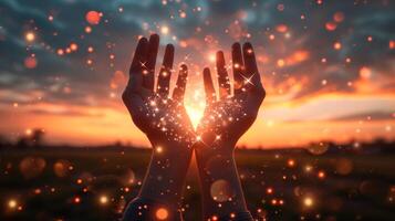 AI generated Open hands reaching towards a mesmerizing sunset, with particles of light floating around, creating a sense of magic and wonder. photo