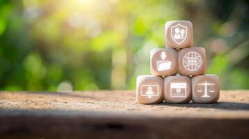 Privacy concept, Wooden block on desk with privacy icon on virtual screen. photo