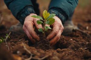 AI generated Close-up of hands nurturing a young plant in rich, dark earth, symbolizing growth and care. photo