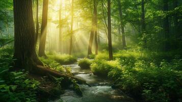 AI generated Sunbeams pour through the canopy of a vibrant green forest, illuminating the foliage and a gentle stream flowing over rocks. photo