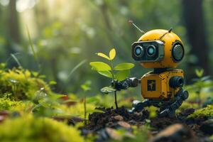 AI generated Environment concept, A whimsical yellow robot examines a sprouting plant in a lush forest, a charming scene of technology interacting with nature. photo