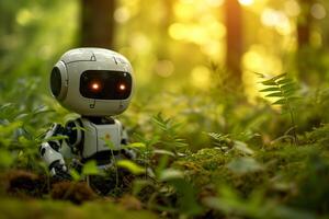AI generated Environment concept, A whimsical yellow robot examines a sprouting plant in a lush forest, a charming scene of technology interacting with nature. photo