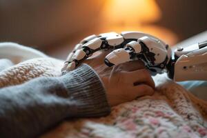 AI generated Close-up of a robotic hand gently holding an elderly human's hand, symbolizing care and support provided by technology. photo