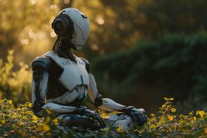 ai generado meditación concepto, un humanoide robot en un meditativo actitud en medio de un sereno bosque configuración, destacado por el suave ligero filtración mediante el arboles foto