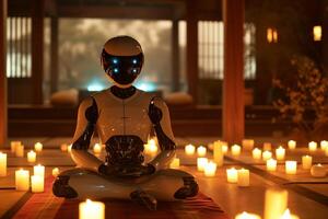AI generated A robot engages in a zen meditation pose surrounded by glowing candles, a fusion of advanced technology and ancient relaxation practices. photo