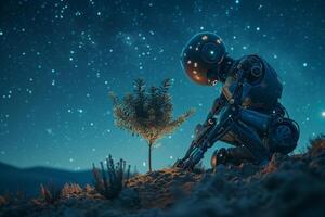 ai generado ambiente concepto, un futurista robot se sienta junto a un joven árbol debajo un estrellado noche cielo, un poético representación de tecnología reunión naturaleza. foto