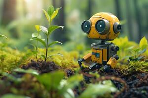 ai generado ambiente concepto, un caprichoso amarillo robot examina un brotante planta en un lozano bosque, un encantador escena de tecnología interactuando con naturaleza. foto