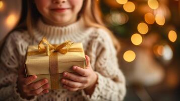 AI generated Close-up of a young girl's hands gently holding a golden-wrapped gift box, with warm festive lights blurred in the background. photo