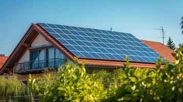 AI generated A suburban house with a full array of solar panels installed on the roof, showcasing residential renewable energy adoption. photo