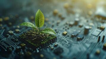 AI generated A young plant sprouts from a circuit board, symbolizing the fusion of nature and technology and the concept of green technology. photo