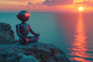 AI generated Meditation concept, A solitary robot sits on a cliff edge, gazing at a stunning sunset over the ocean, a moment of peace between technology and nature. photo